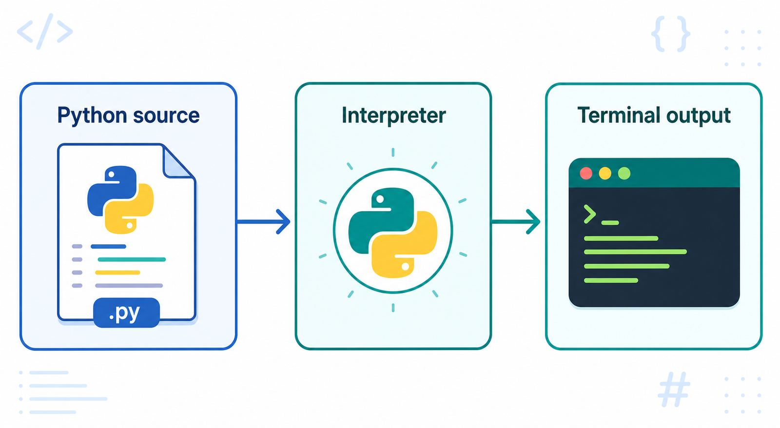 Python source code passes through the interpreter and produces terminal output